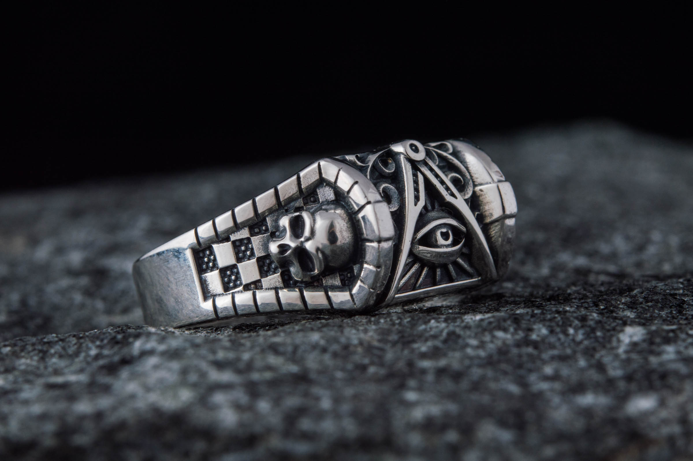 Masonic Symbol Ring with Skull Sterling Silver Handcrafted Jewelry - vikingworkshop