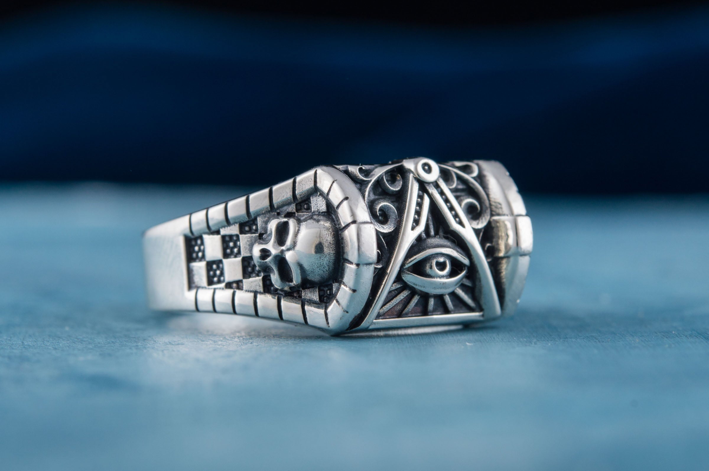 Masonic Symbol Ring with Skull Sterling Silver Handcrafted Jewelry - vikingworkshop