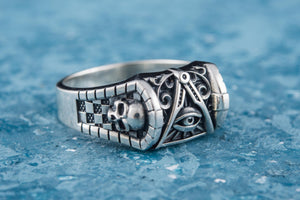 Masonic Symbol Ring with Skull Sterling Silver Handcrafted Jewelry - vikingworkshop