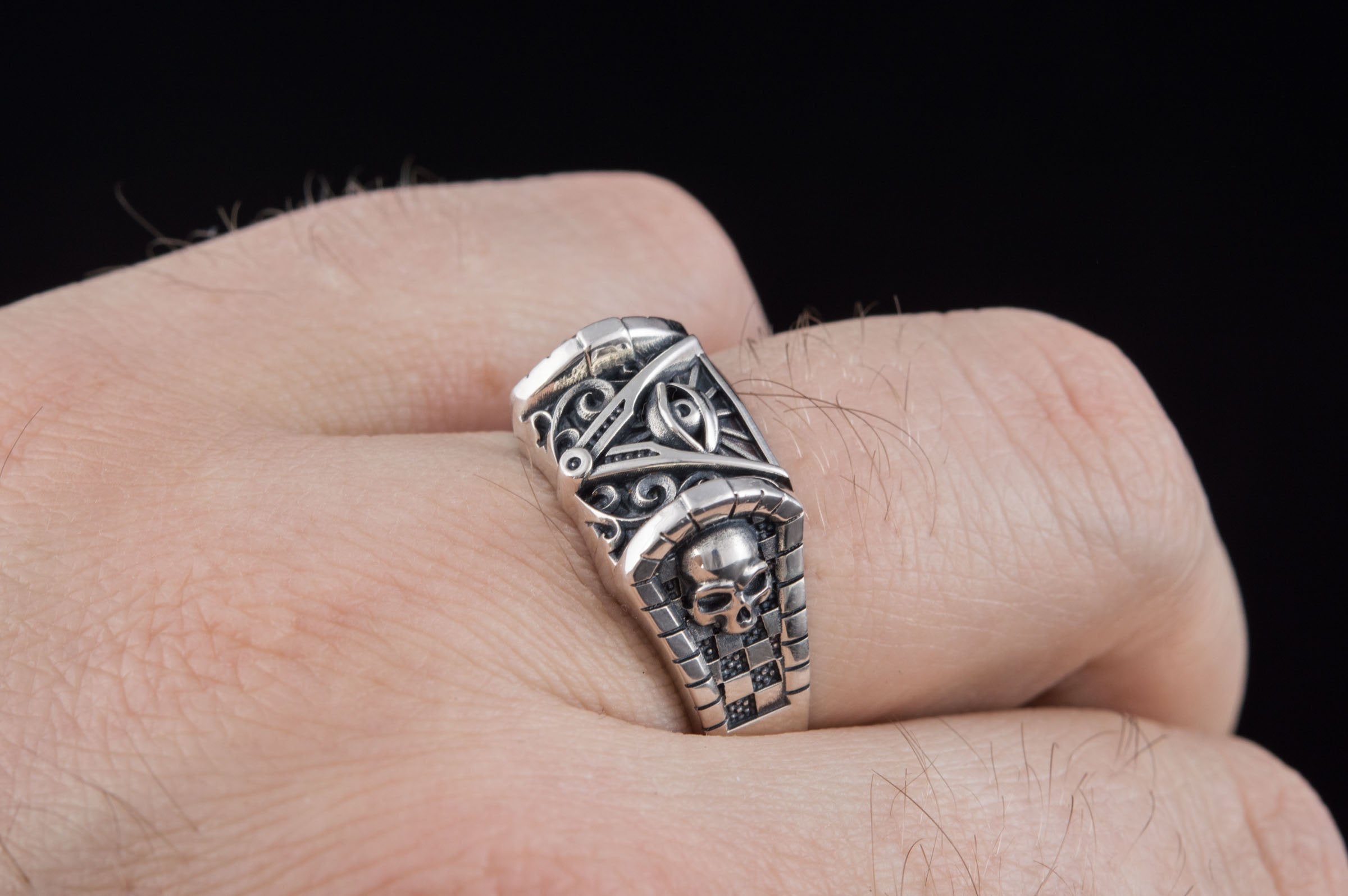 Masonic Symbol Ring with Skull Sterling Silver Handcrafted Jewelry - vikingworkshop