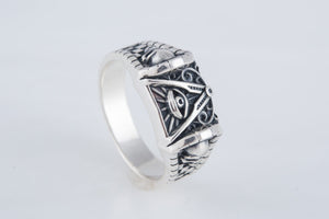 Masonic Symbol Ring with Skull Sterling Silver Handcrafted Jewelry - vikingworkshop