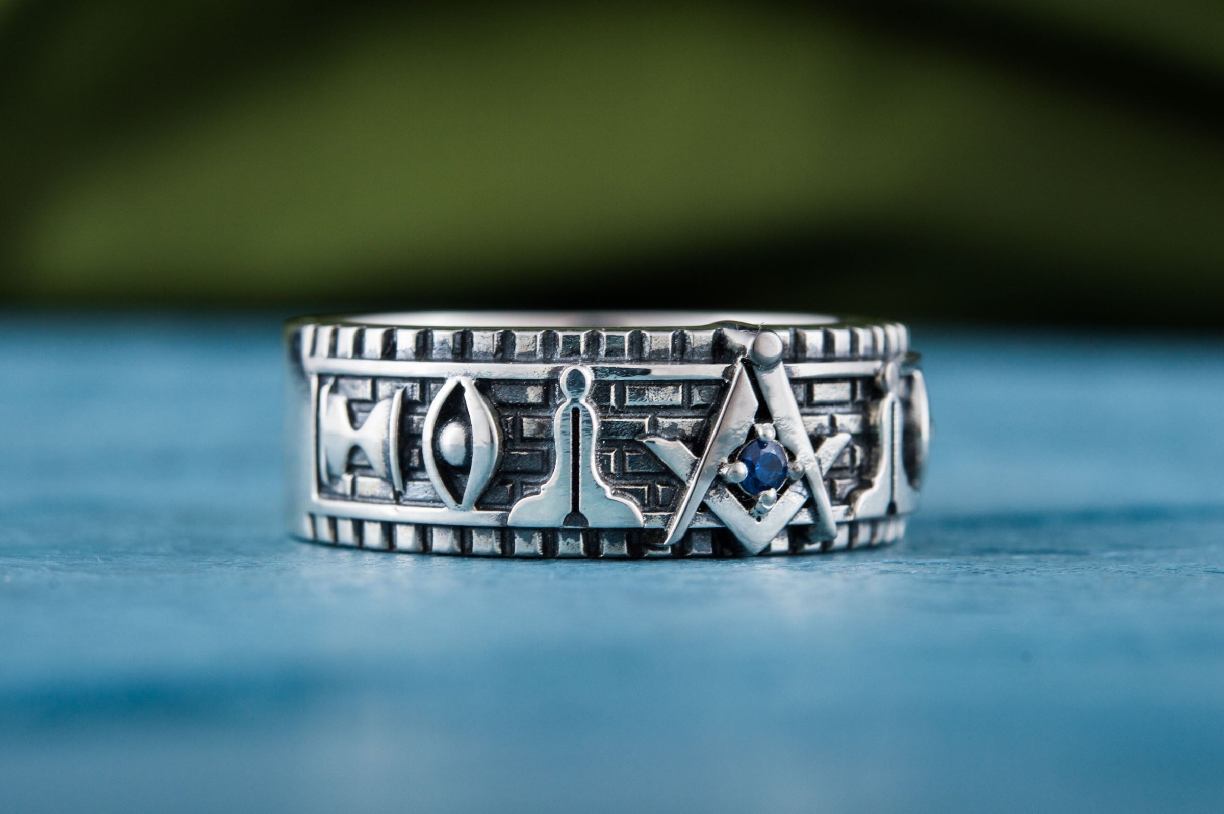 Ring with Masonic Symbols Sterling Silver Handcrafted Jewelry - vikingworkshop