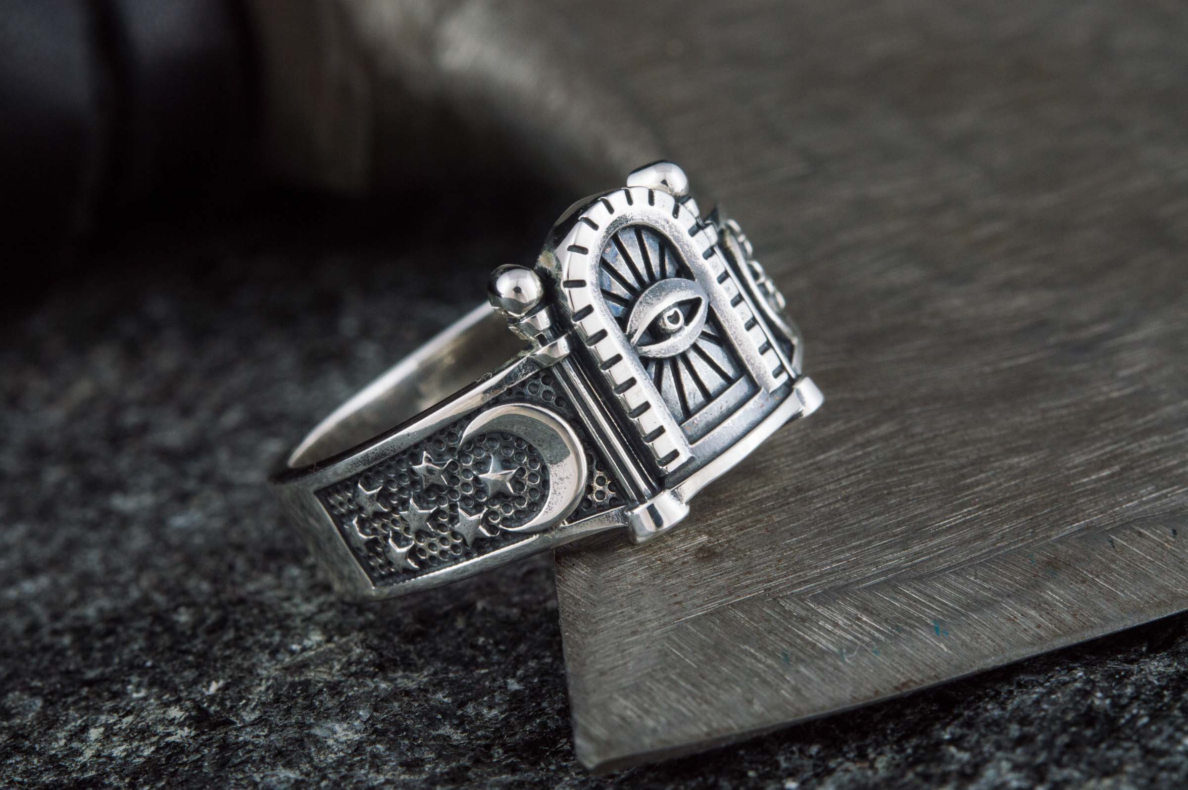 Sterling Silver Ring with Masonic Symbols Handcrafted Jewelry - vikingworkshop