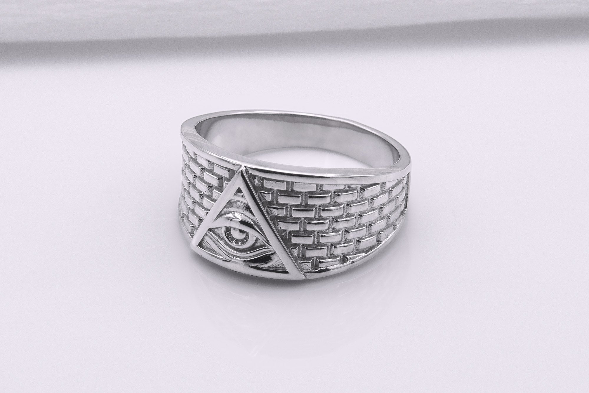 950 Platinum Handcrafted Masonic Ring with Eye of Providence and Brick Ornament, Unique Jewelry - vikingworkshop