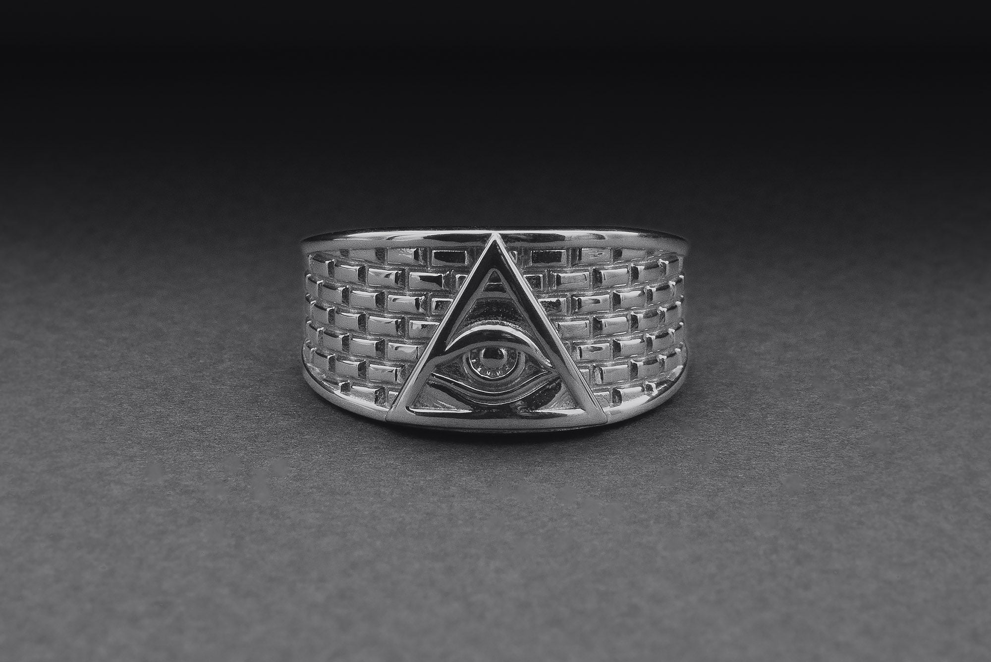 950 Platinum Handcrafted Masonic Ring with Eye of Providence and Brick Ornament, Unique Jewelry - vikingworkshop