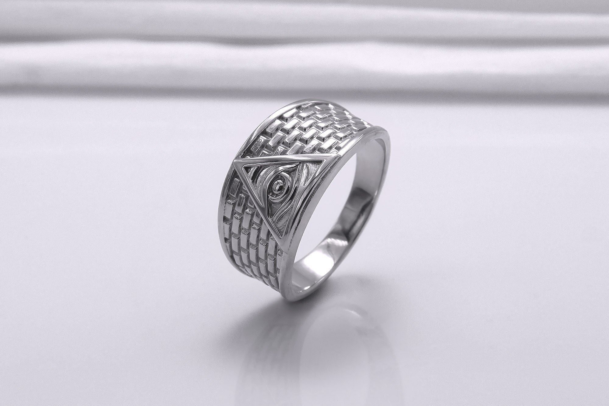 950 Platinum Handcrafted Masonic Ring with Eye of Providence and Brick Ornament, Unique Jewelry - vikingworkshop