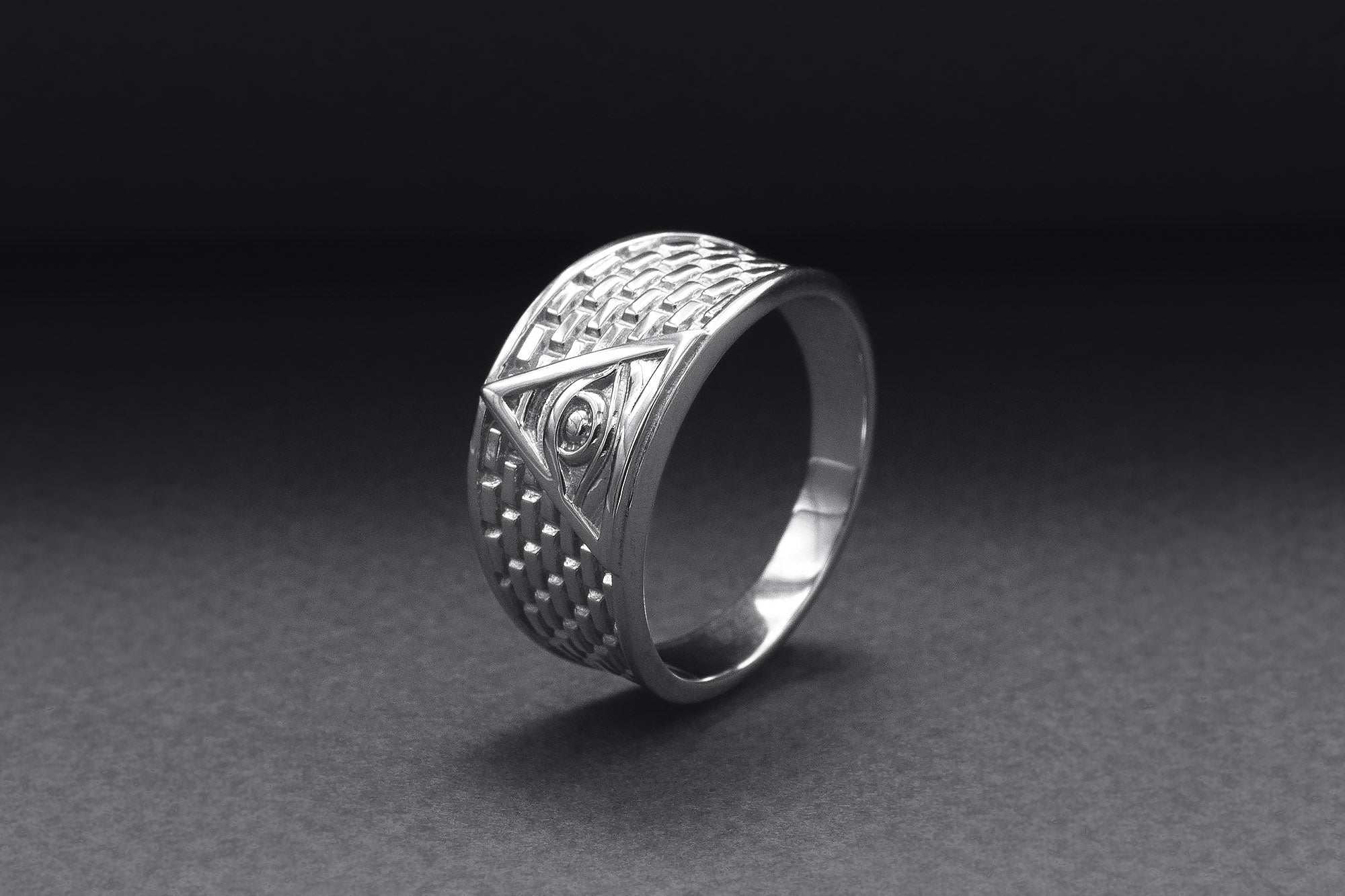 950 Platinum Handcrafted Masonic Ring with Eye of Providence and Brick Ornament, Unique Jewelry - vikingworkshop