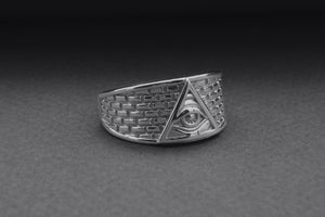 950 Platinum Handcrafted Masonic Ring with Eye of Providence and Brick Ornament, Unique Jewelry - vikingworkshop