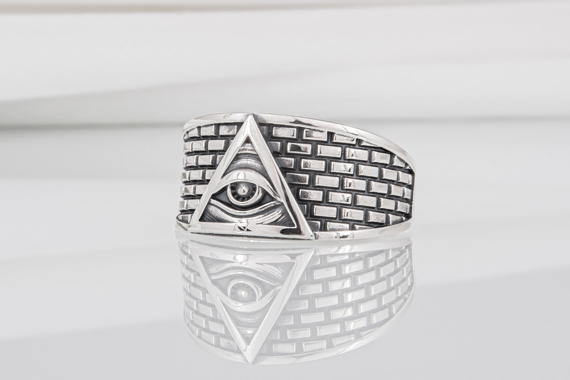 Sterling silver handcrafted Masonic ring with Eye of Providence and brick ornament, unique jewelry - vikingworkshop