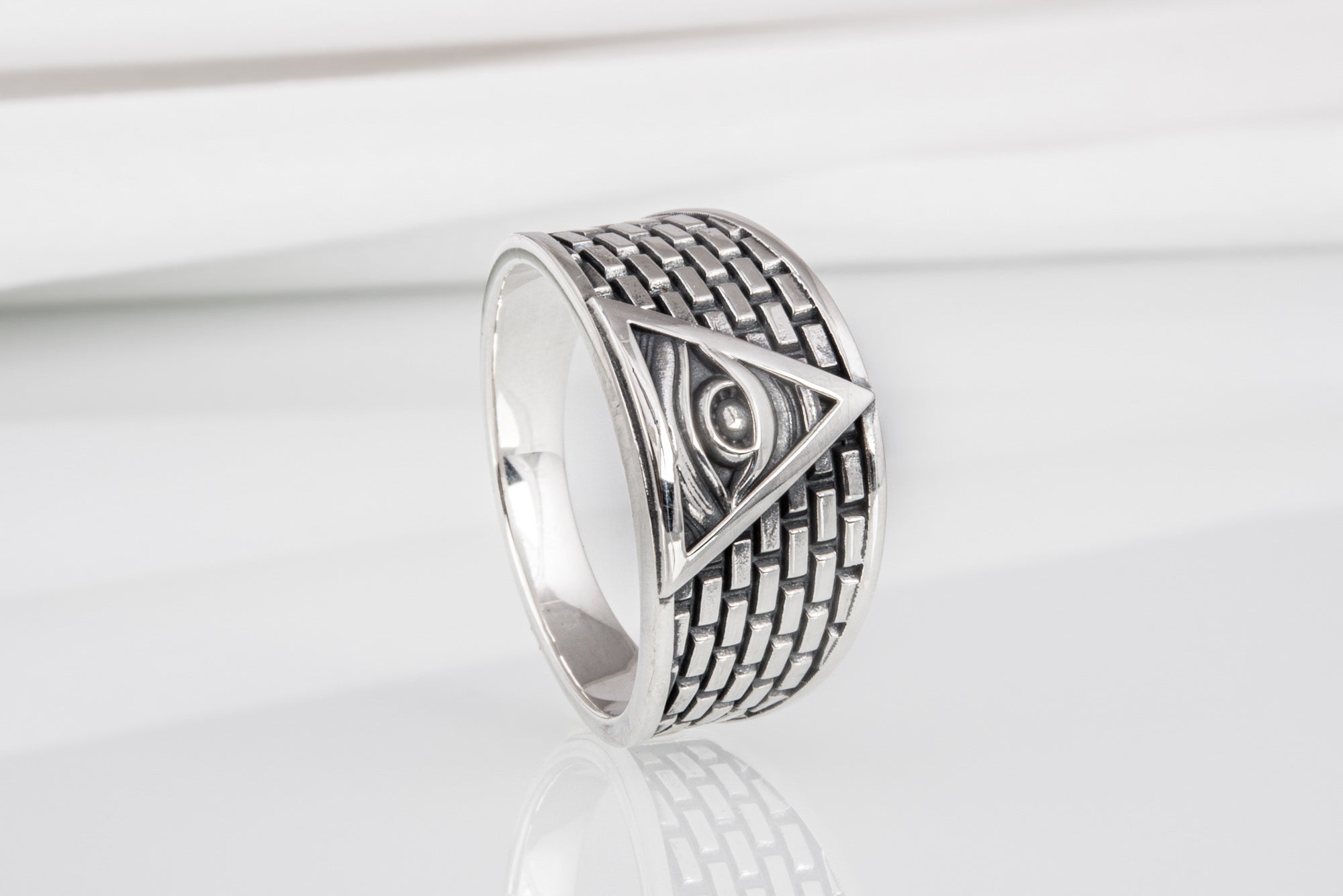 Sterling silver handcrafted Masonic ring with Eye of Providence and brick ornament, unique jewelry - vikingworkshop