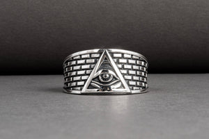 Sterling silver handcrafted Masonic ring with Eye of Providence and brick ornament, unique jewelry - vikingworkshop