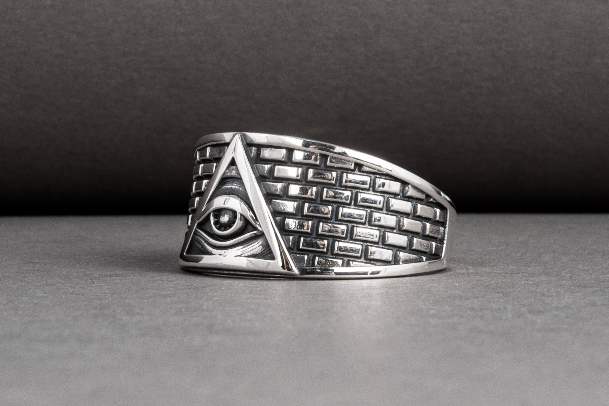 Sterling silver handcrafted Masonic ring with Eye of Providence and brick ornament, unique jewelry - vikingworkshop