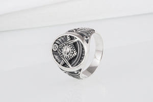 Handcrafted sterling silver Masonic ring with Emblem and sun surrounded with unique ornament, symbol jewelry - vikingworkshop