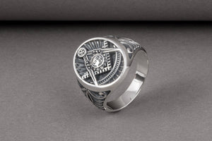 Handcrafted sterling silver Masonic ring with Emblem and sun surrounded with unique ornament, symbol jewelry - vikingworkshop