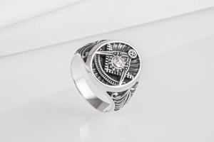 Handcrafted sterling silver Masonic ring with Emblem and sun surrounded with unique ornament, symbol jewelry - vikingworkshop