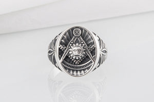 Handcrafted sterling silver Masonic ring with Emblem and sun surrounded with unique ornament, symbol jewelry - vikingworkshop