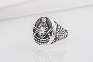 Handcrafted sterling silver Masonic ring with Emblem and sun surrounded with unique ornament, symbol jewelry - vikingworkshop