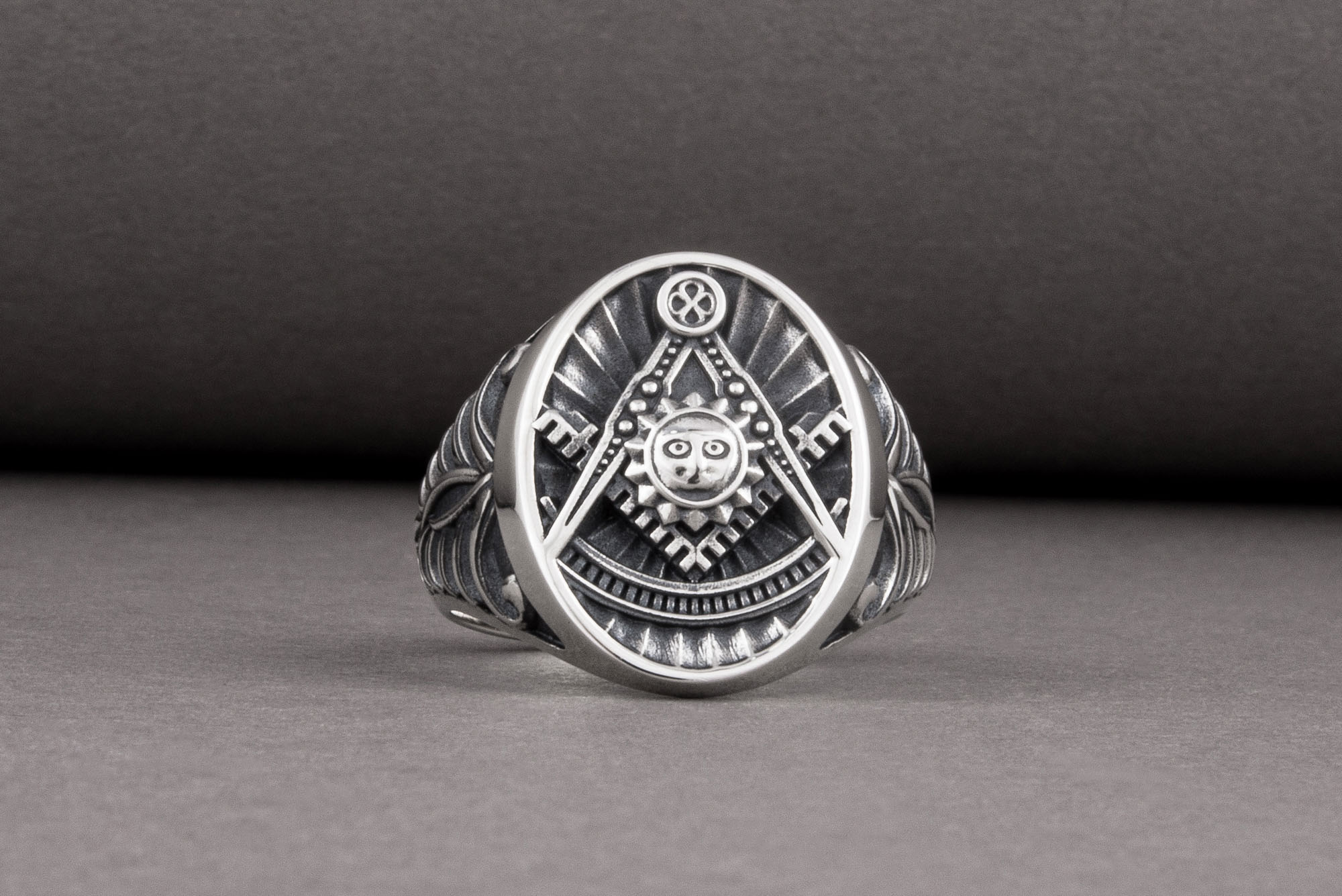 Handcrafted sterling silver Masonic ring with Emblem and sun surrounded with unique ornament, symbol jewelry - vikingworkshop