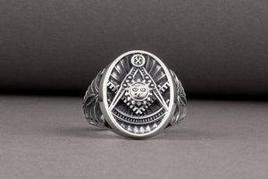 Handcrafted sterling silver Masonic ring with Emblem and sun surrounded with unique ornament, symbol jewelry - vikingworkshop