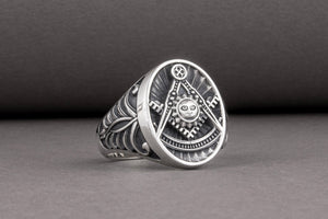 Handcrafted sterling silver Masonic ring with Emblem and sun surrounded with unique ornament, symbol jewelry - vikingworkshop