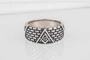 Unique 925 silver Masonic ring with Eye of Providence and Emblem surrounded with brick ornament, handcrafted jewelry - vikingworkshop