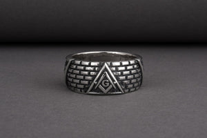 Unique 925 silver Masonic ring with Eye of Providence and Emblem surrounded with brick ornament, handcrafted jewelry - vikingworkshop