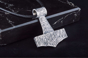 Thor's Hammer Pendant Sterling Silver Mjolnir Wooden Style - vikingworkshop