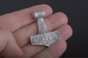 Thor's Hammer Pendant Sterling Silver Mjolnir Wooden Style - vikingworkshop