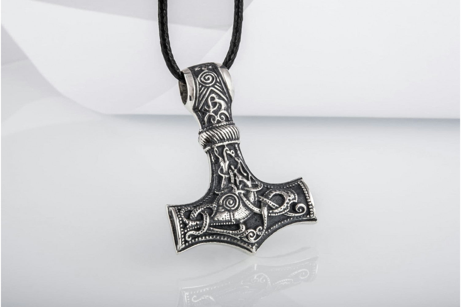 Huge Thor's Hammer Pendant Sterling Silver Mjolnir with Ornaments from Mammen Village - vikingworkshop