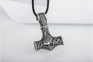 Huge Thor's Hammer Pendant Sterling Silver Mjolnir with Ornaments from Mammen Village - vikingworkshop