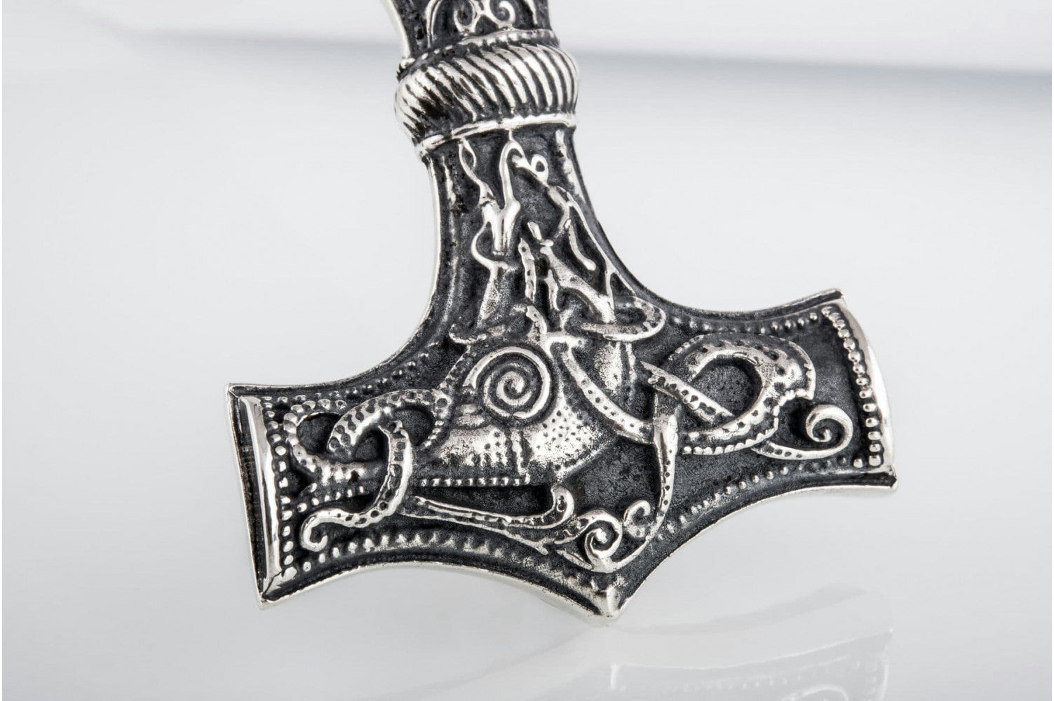 Huge Thor's Hammer Pendant Sterling Silver Mjolnir with Ornaments from Mammen Village - vikingworkshop