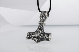 Huge Thor's Hammer Pendant Sterling Silver Mjolnir with Ornaments from Mammen Village - vikingworkshop