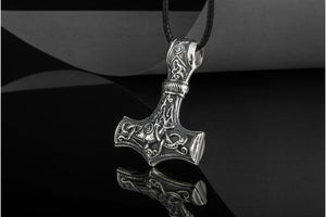 Huge Thor's Hammer Pendant Sterling Silver Mjolnir with Ornaments from Mammen Village - vikingworkshop