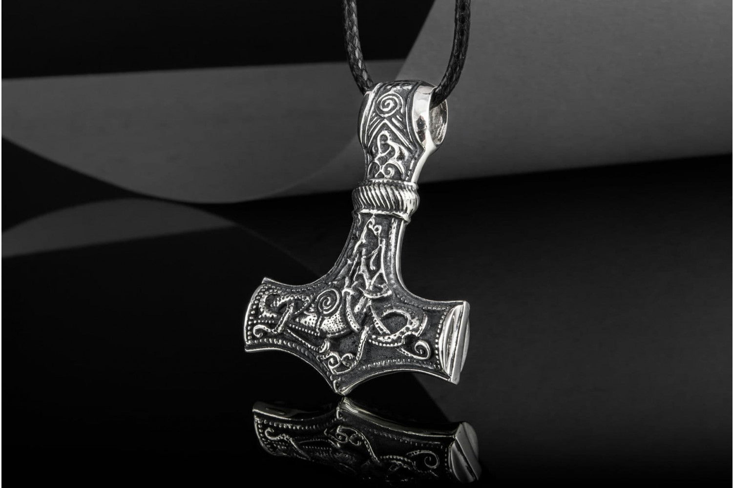 Huge Thor's Hammer Pendant Sterling Silver Mjolnir with Ornaments from Mammen Village - vikingworkshop