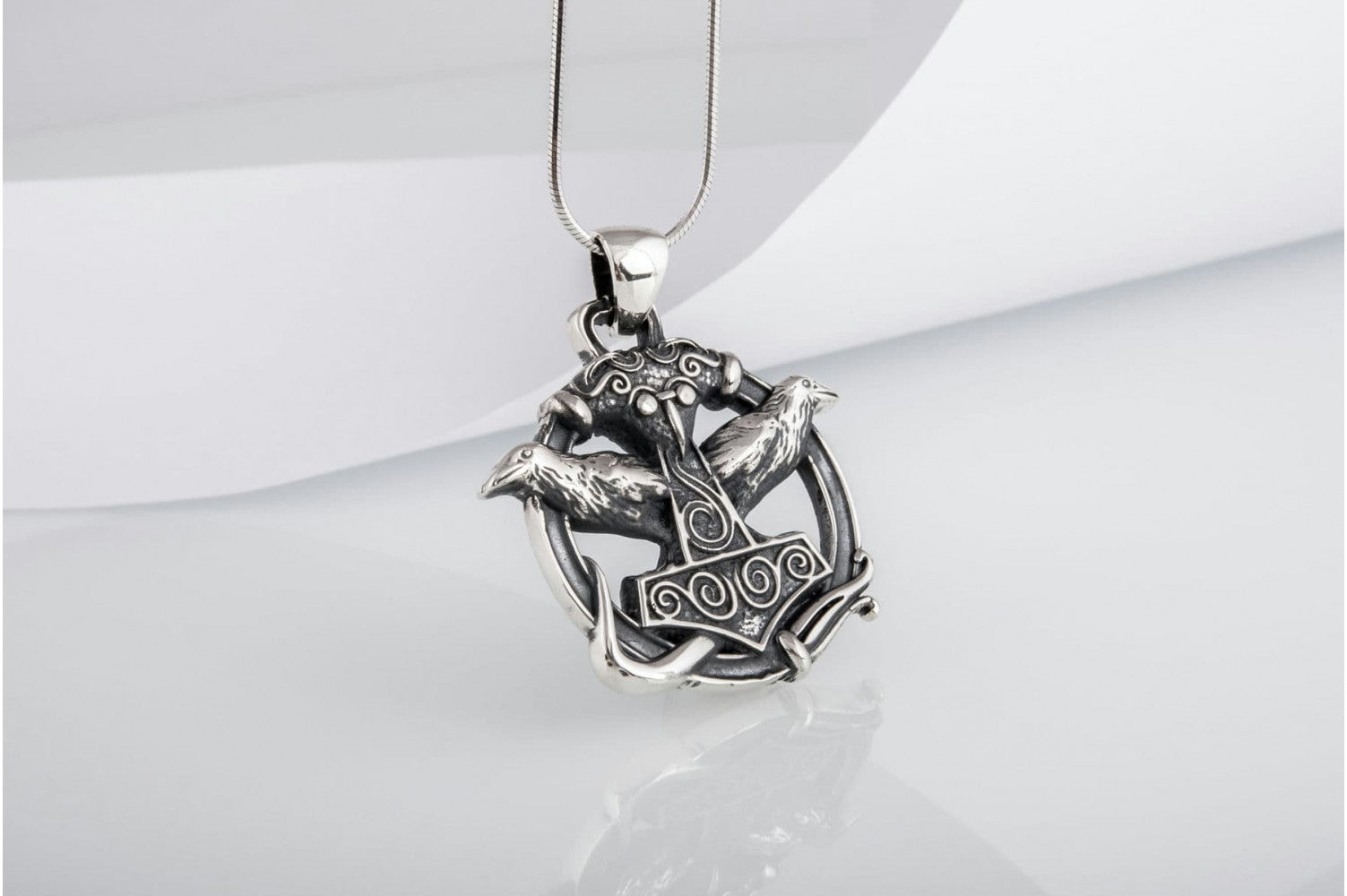 Thors Hammer with Ravens Pendant Sterling Silver Handcrafted Jewelry - vikingworkshop