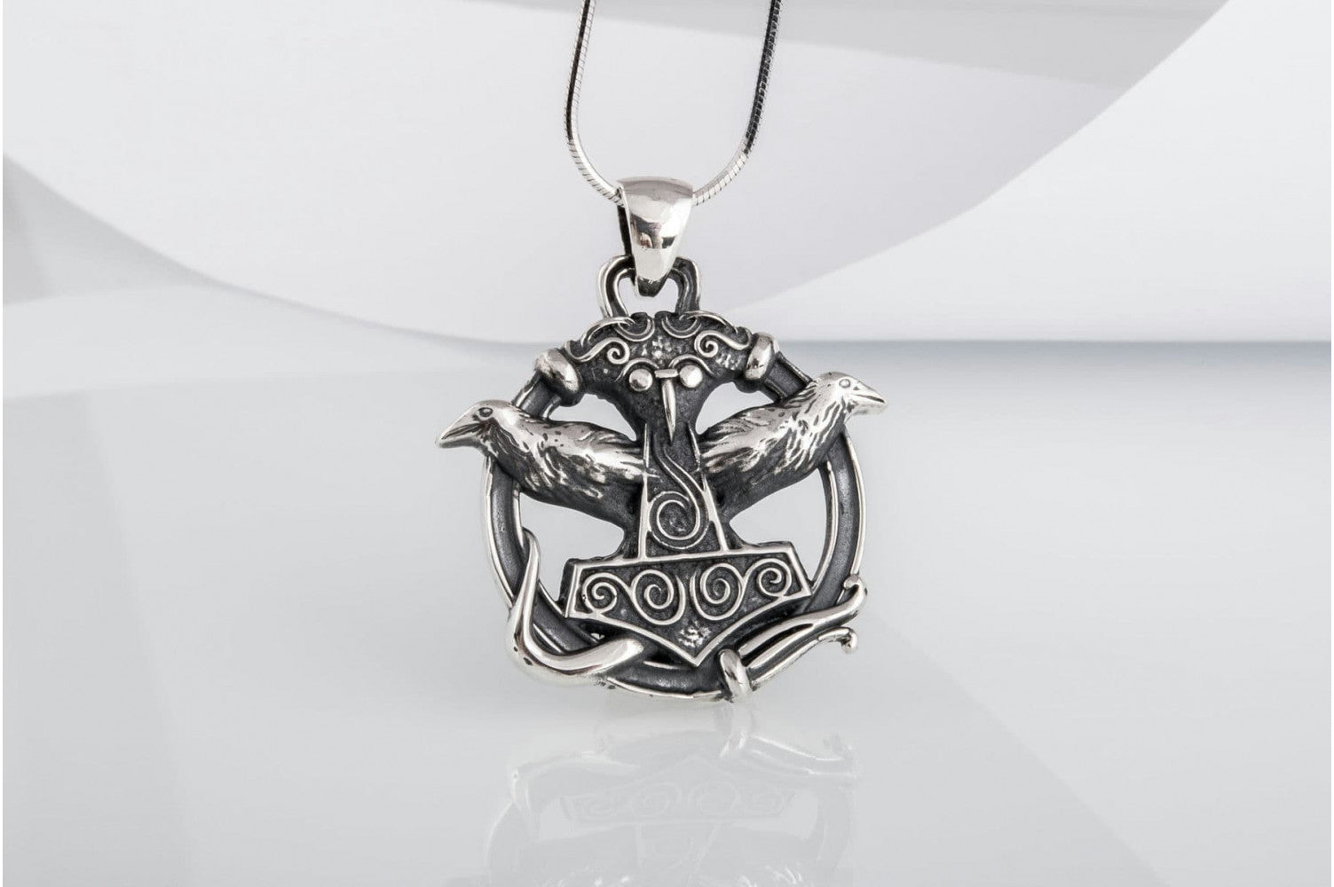 Thors Hammer with Ravens Pendant Sterling Silver Handcrafted Jewelry - vikingworkshop