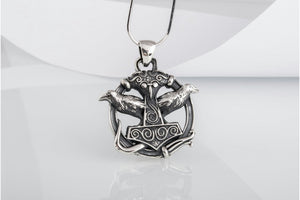 Thors Hammer with Ravens Pendant Sterling Silver Handcrafted Jewelry - vikingworkshop