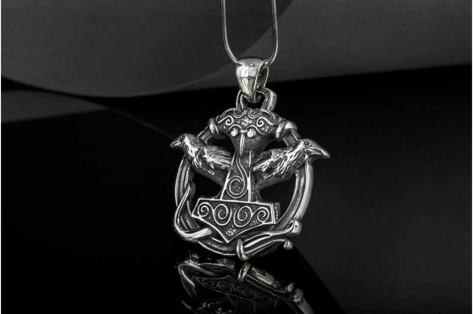 Thors Hammer with Ravens Pendant Sterling Silver Handcrafted Jewelry - vikingworkshop