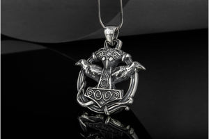 Thors Hammer with Ravens Pendant Sterling Silver Handcrafted Jewelry - vikingworkshop