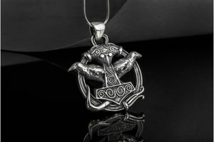 Thors Hammer with Ravens Pendant Sterling Silver Handcrafted Jewelry - vikingworkshop