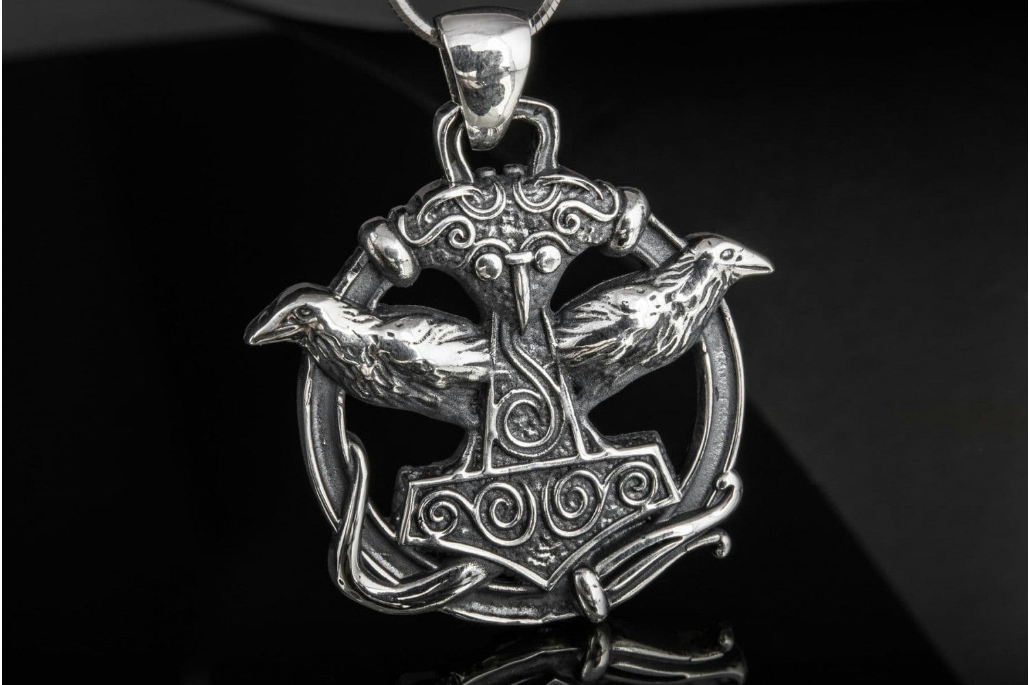 Thors Hammer with Ravens Pendant Sterling Silver Handcrafted Jewelry - vikingworkshop