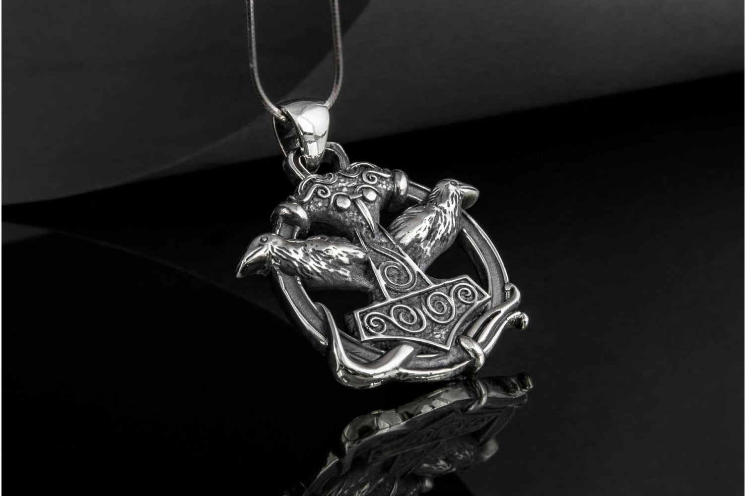 Thors Hammer with Ravens Pendant Sterling Silver Handcrafted Jewelry - vikingworkshop