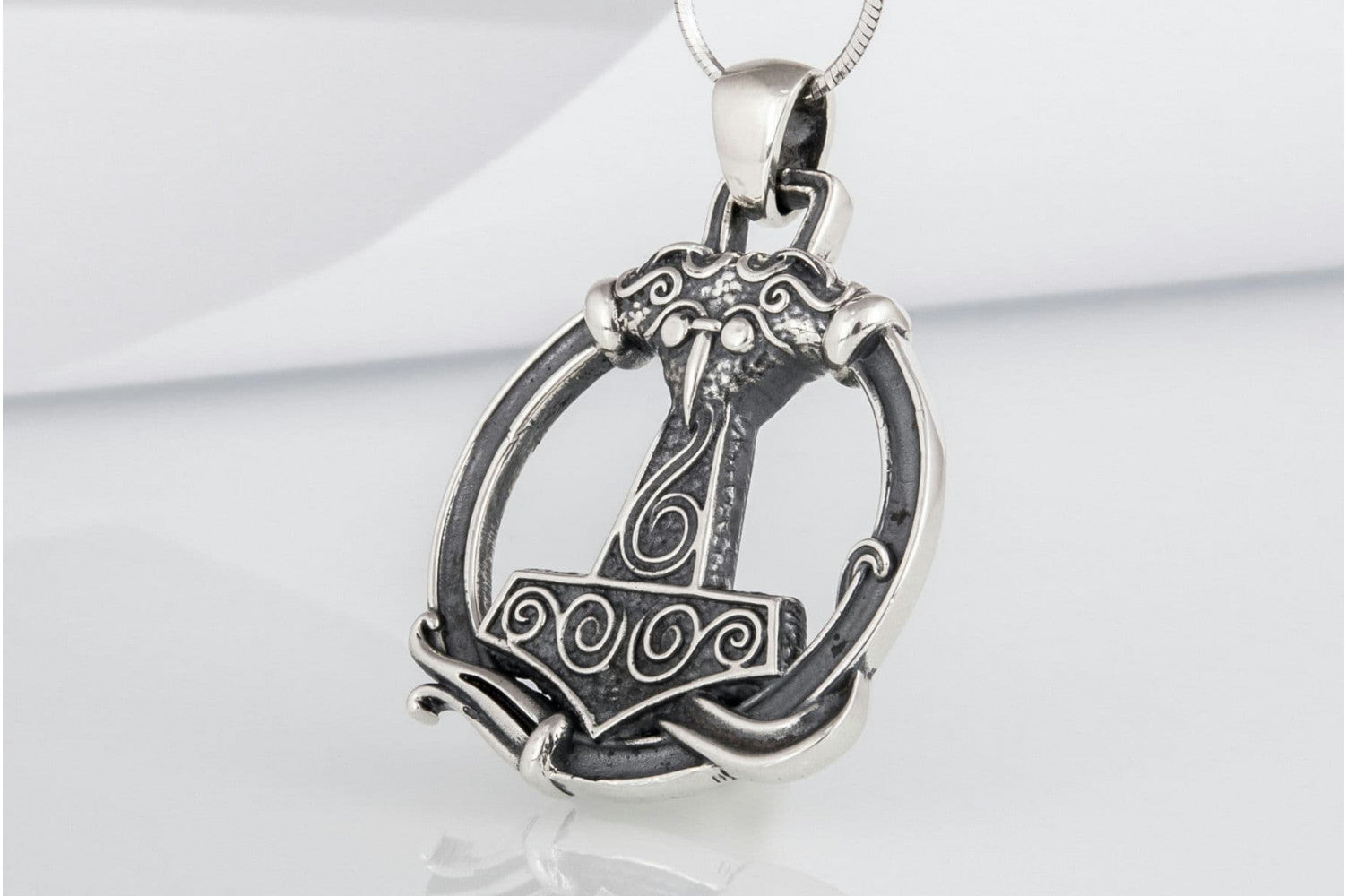 Thors Hammer Pendant with Ornament Sterling Silver Unique Handmade Jewelry - vikingworkshop