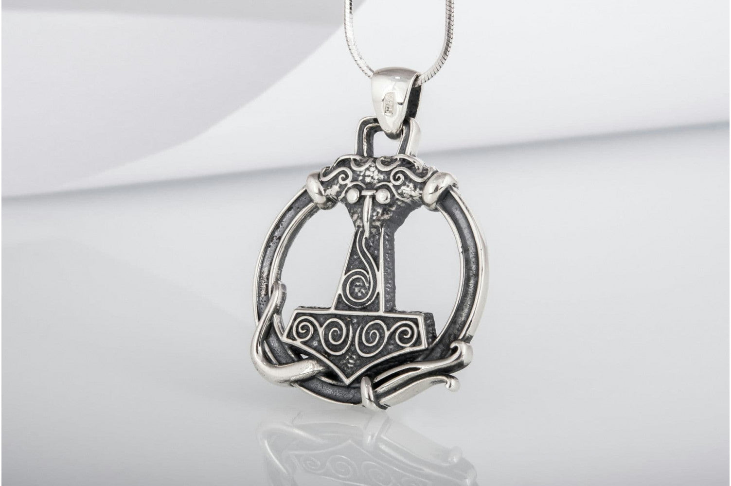 Thors Hammer Pendant with Ornament Sterling Silver Unique Handmade Jewelry - vikingworkshop