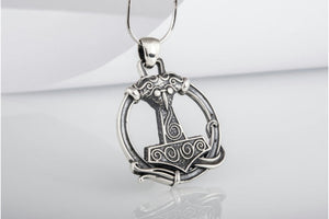 Thors Hammer Pendant with Ornament Sterling Silver Unique Handmade Jewelry - vikingworkshop