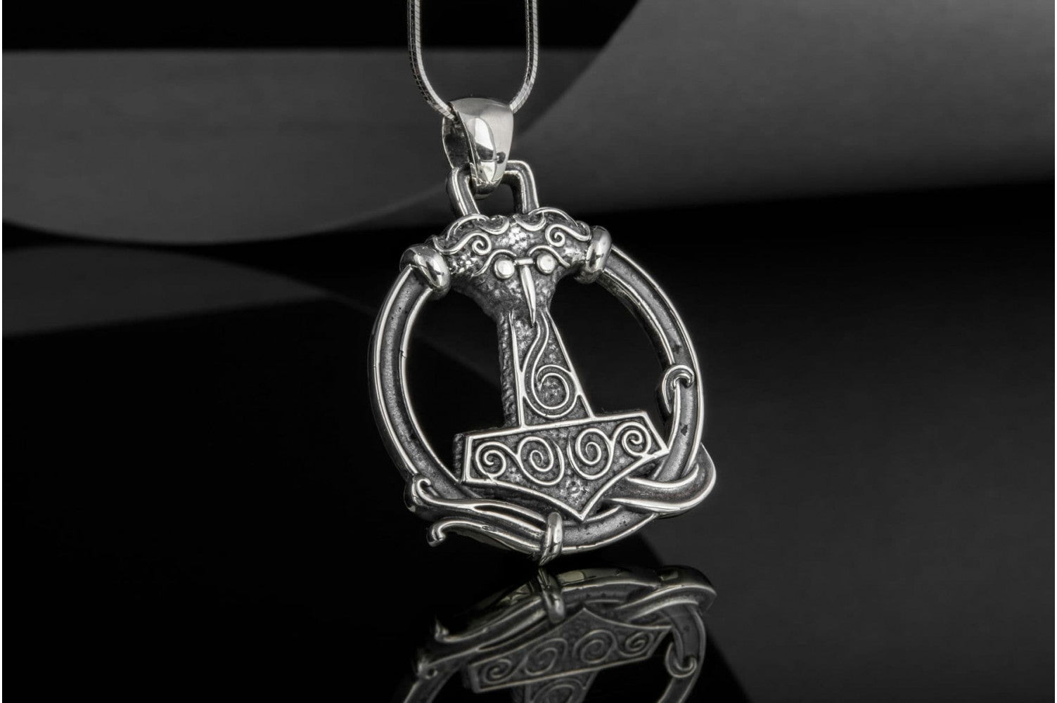 Thors Hammer Pendant with Ornament Sterling Silver Unique Handmade Jewelry - vikingworkshop