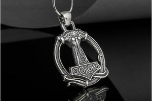 Thors Hammer Pendant with Ornament Sterling Silver Unique Handmade Jewelry - vikingworkshop