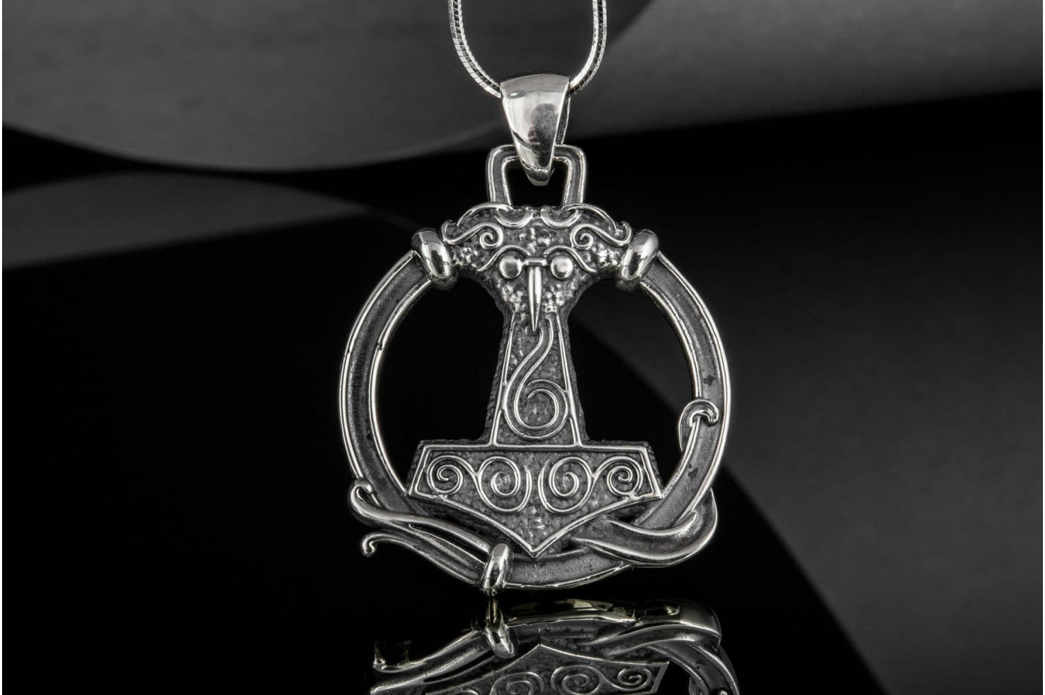 Thors Hammer Pendant with Ornament Sterling Silver Unique Handmade Jewelry - vikingworkshop