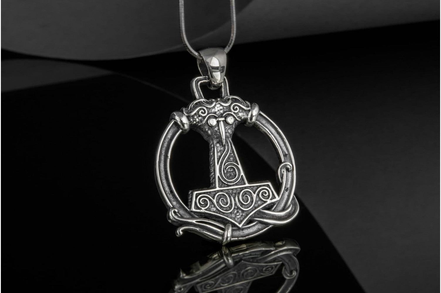 Thors Hammer Pendant with Ornament Sterling Silver Unique Handmade Jewelry - vikingworkshop