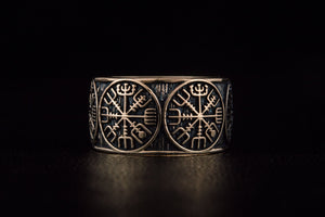 Vegvisir Runic Compass Bronze Norse Ring - vikingworkshop